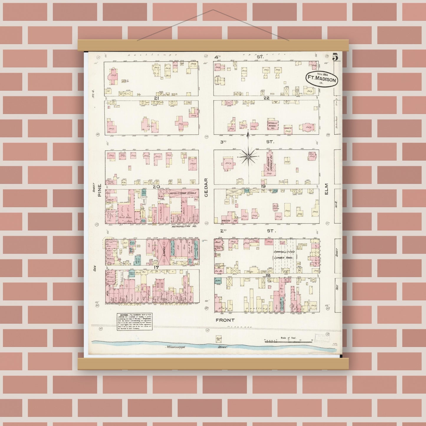 Old map wall art mockup — magnetic wood frame on brick wall — Sanborn Fire Insurance Map from Fort Madison, Lee County, Iowa (1884), Sheet #0005