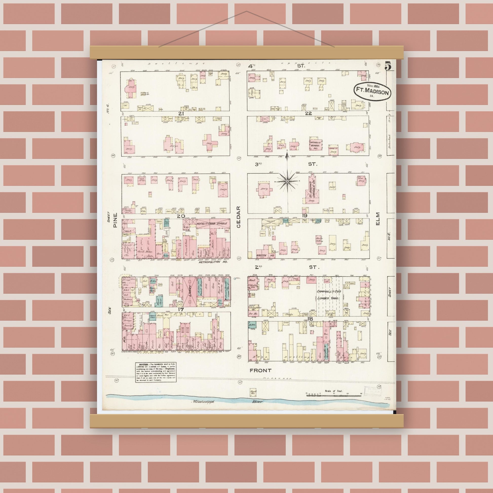 Old map wall art mockup — magnetic wood frame on brick wall — Sanborn Fire Insurance Map from Fort Madison, Lee County, Iowa (1884), Sheet #0005