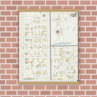 Old map wall art mockup — magnetic wood frame on brick wall — Sanborn Fire Insurance Map from Alpena, Alpena County, Michigan (1895), Sheet #0004