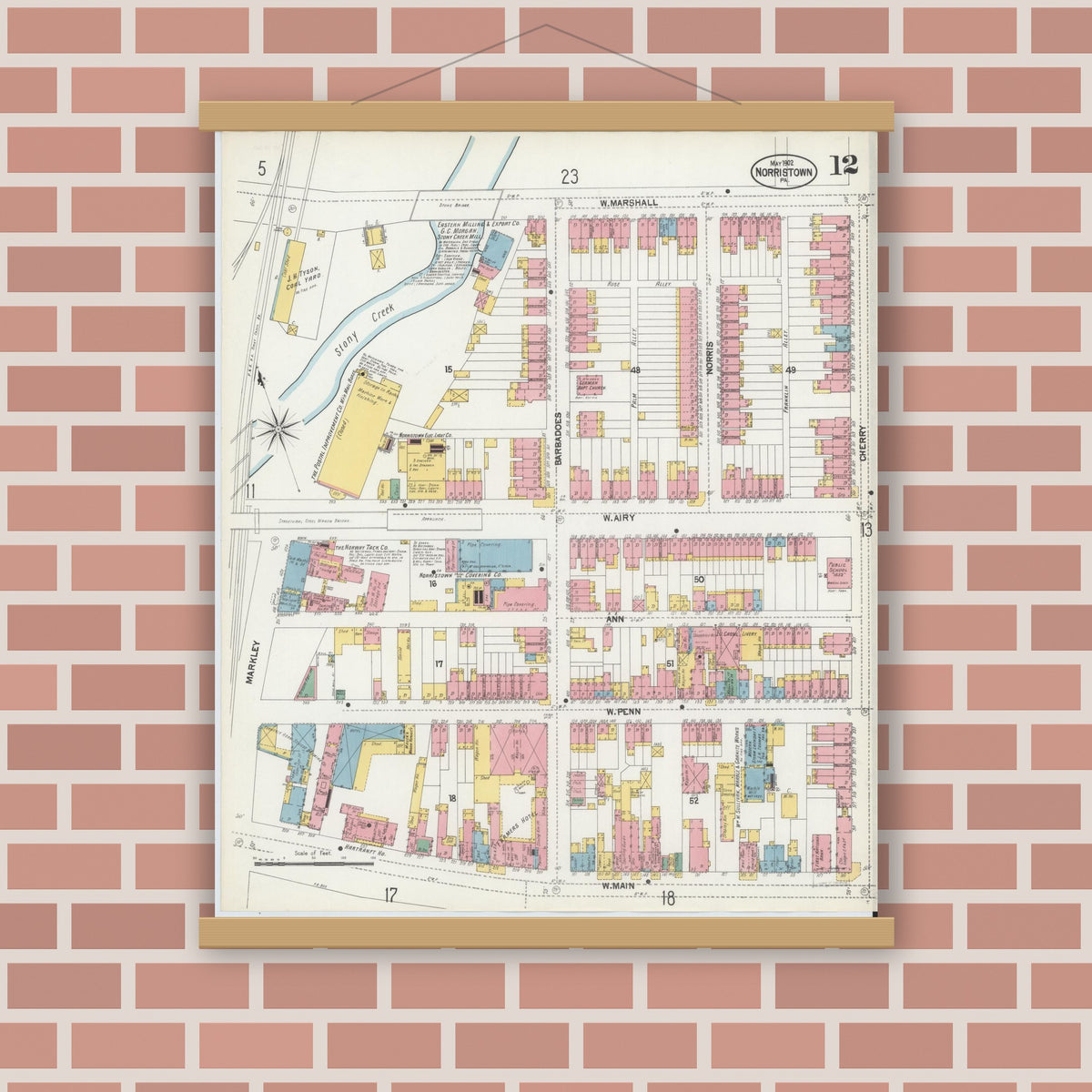 Old map wall art mockup — magnetic wood frame on brick wall — Sanborn Fire Insurance Map from Norristown, Montgomery County, Pennsylvania (1902), Sheet #0012