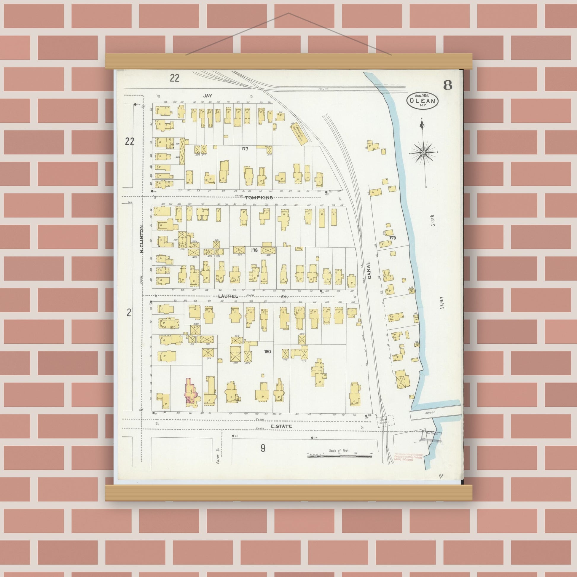 Old map wall art mockup — magnetic wood frame on brick wall — Sanborn Fire Insurance Map from Olean, Cattaraugus County, New York (1904), Sheet #0008