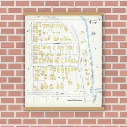 Old map wall art mockup — magnetic wood frame on brick wall — Sanborn Fire Insurance Map from Olean, Cattaraugus County, New York (1904), Sheet #0008
