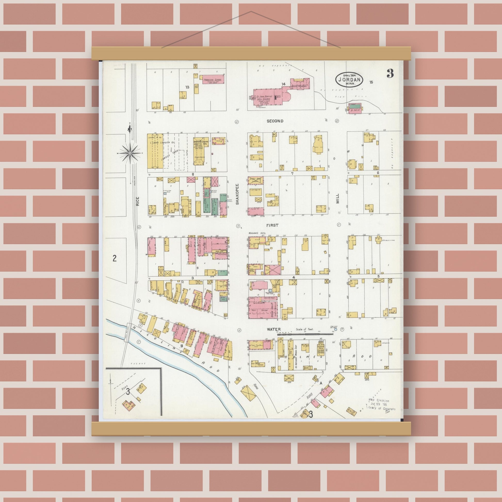 Old map wall art mockup — magnetic wood frame on brick wall — Sanborn Fire Insurance Map from Jordan, Scott County, Minnesota (1904), Sheet #0003