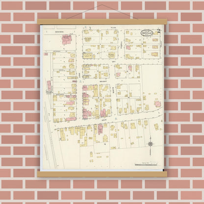 Old map wall art mockup — magnetic wood frame on brick wall — Sanborn Fire Insurance Map from Ashville, Pickaway County, Ohio (1916), Sheet #0002