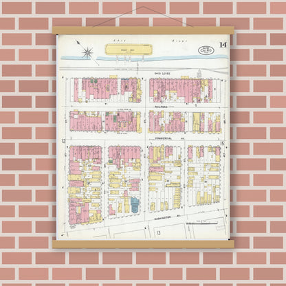 Old map wall art mockup — magnetic wood frame on brick wall — Sanborn Fire Insurance Map from Cairo, Alexander County, Illinois (1901), Sheet #0014