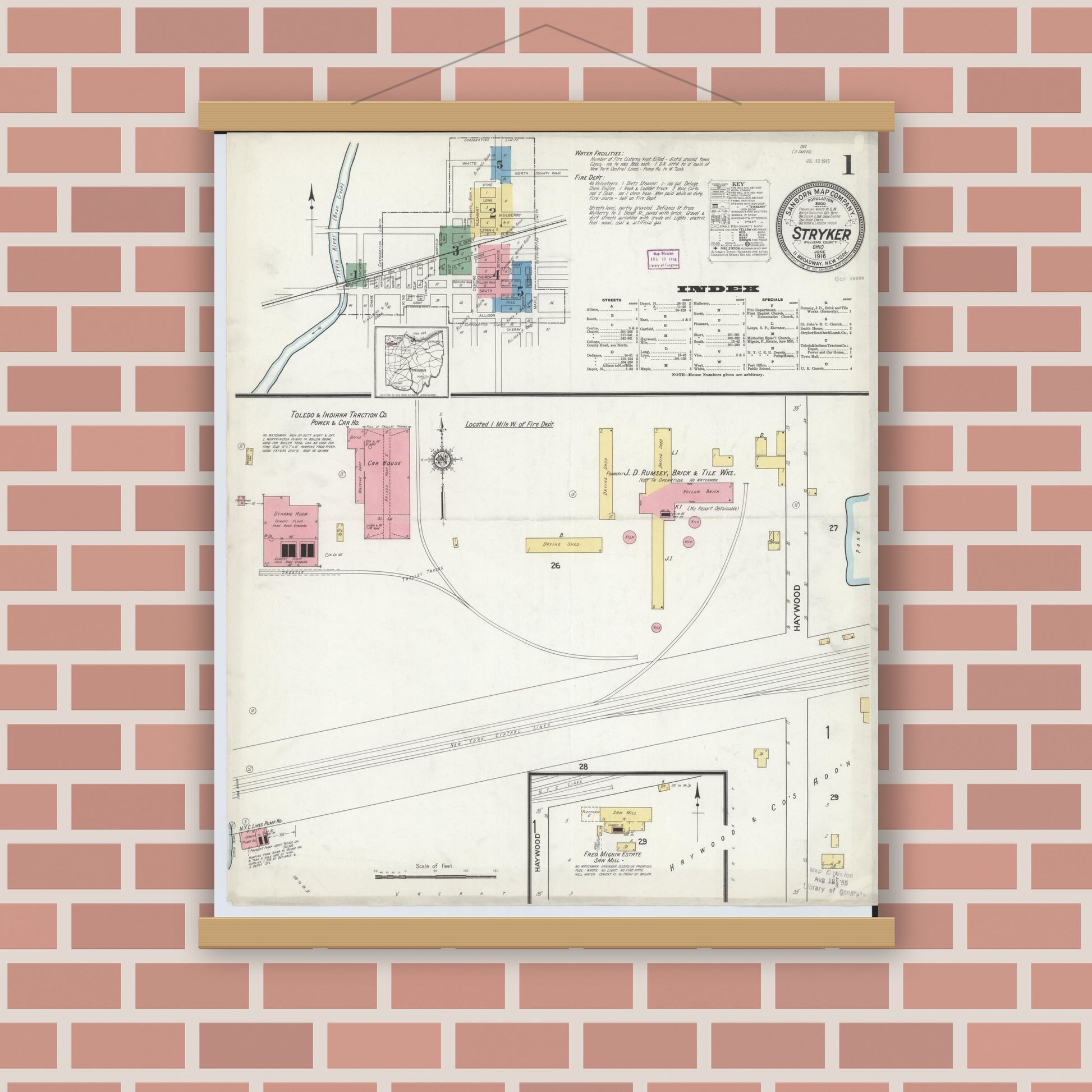 Old map wall art mockup — magnetic wood frame on brick wall — Sanborn Fire Insurance Map from Stryker, Williams County, Ohio (1916), Sheet #0001