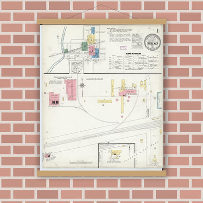 Old map wall art mockup — magnetic wood frame on brick wall — Sanborn Fire Insurance Map from Stryker, Williams County, Ohio (1916), Sheet #0001