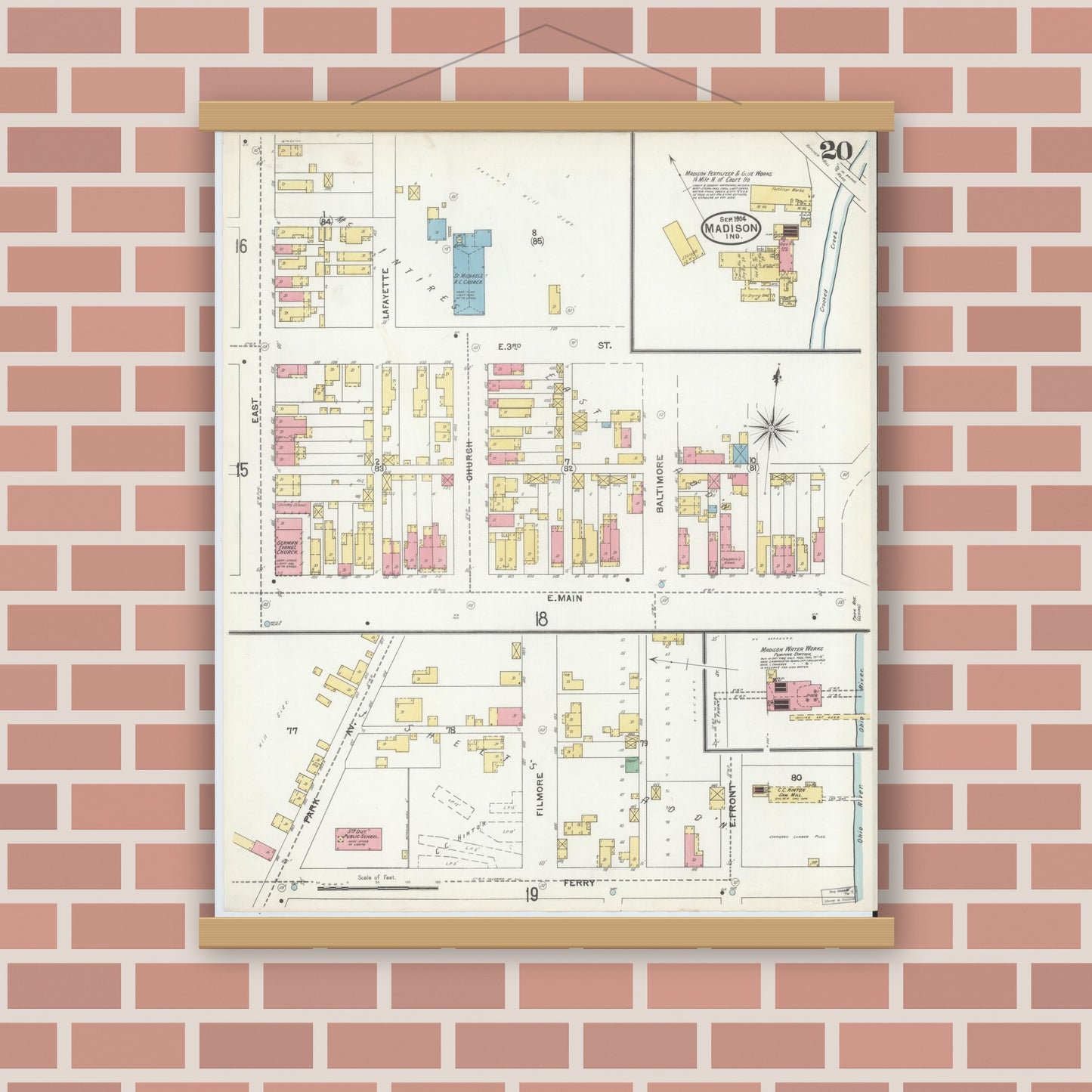 Old map wall art mockup — magnetic wood frame on brick wall — Sanborn Fire Insurance Map from Madison, Jefferson County, Indiana (1904), Sheet #0020