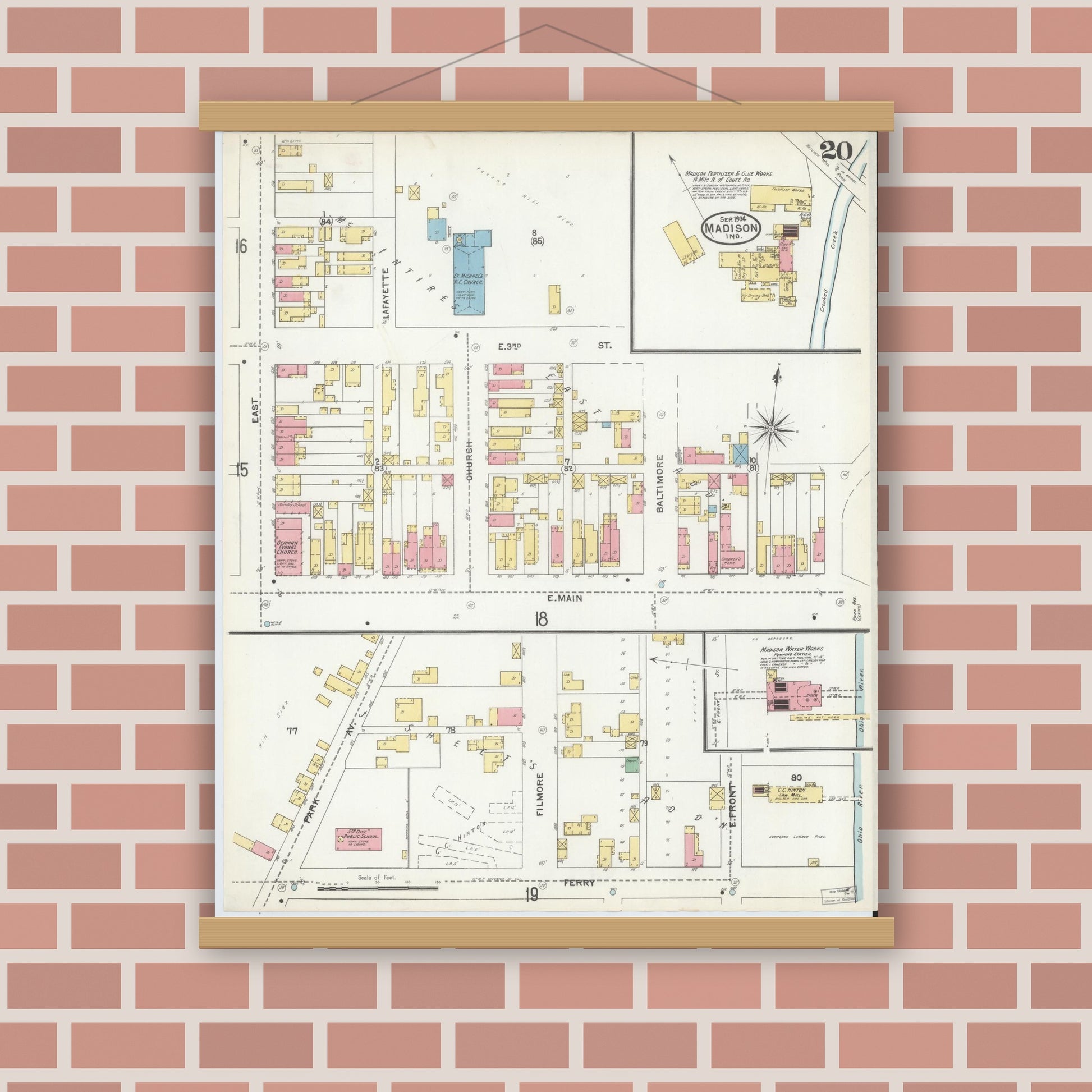 Old map wall art mockup — magnetic wood frame on brick wall — Sanborn Fire Insurance Map from Madison, Jefferson County, Indiana (1904), Sheet #0020