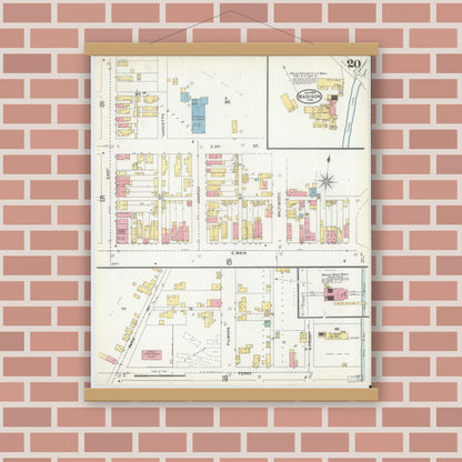 Old map wall art mockup — magnetic wood frame on brick wall — Sanborn Fire Insurance Map from Madison, Jefferson County, Indiana (1904), Sheet #0020