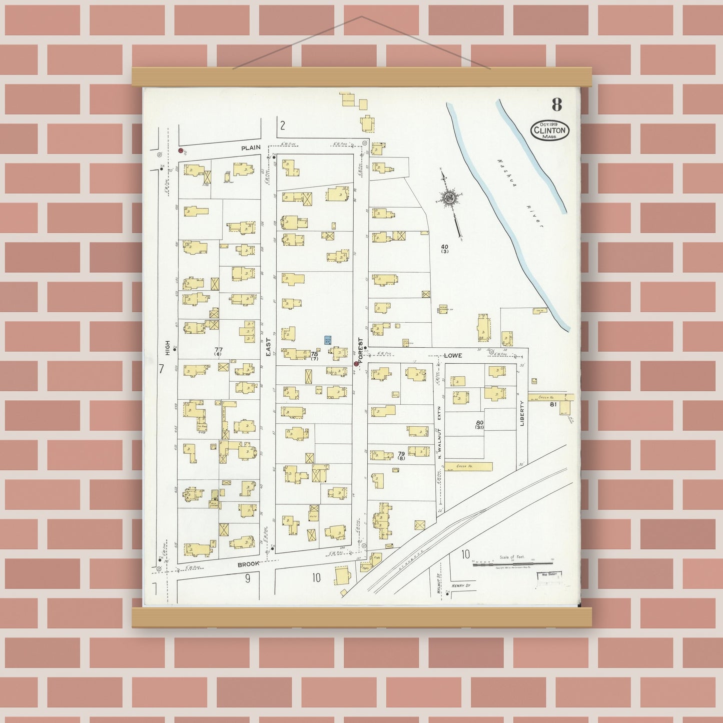 Old map wall art mockup — magnetic wood frame on brick wall — Sanborn Fire Insurance Map from Clinton, Worcester County, Massachusetts (1919), Sheet #0008