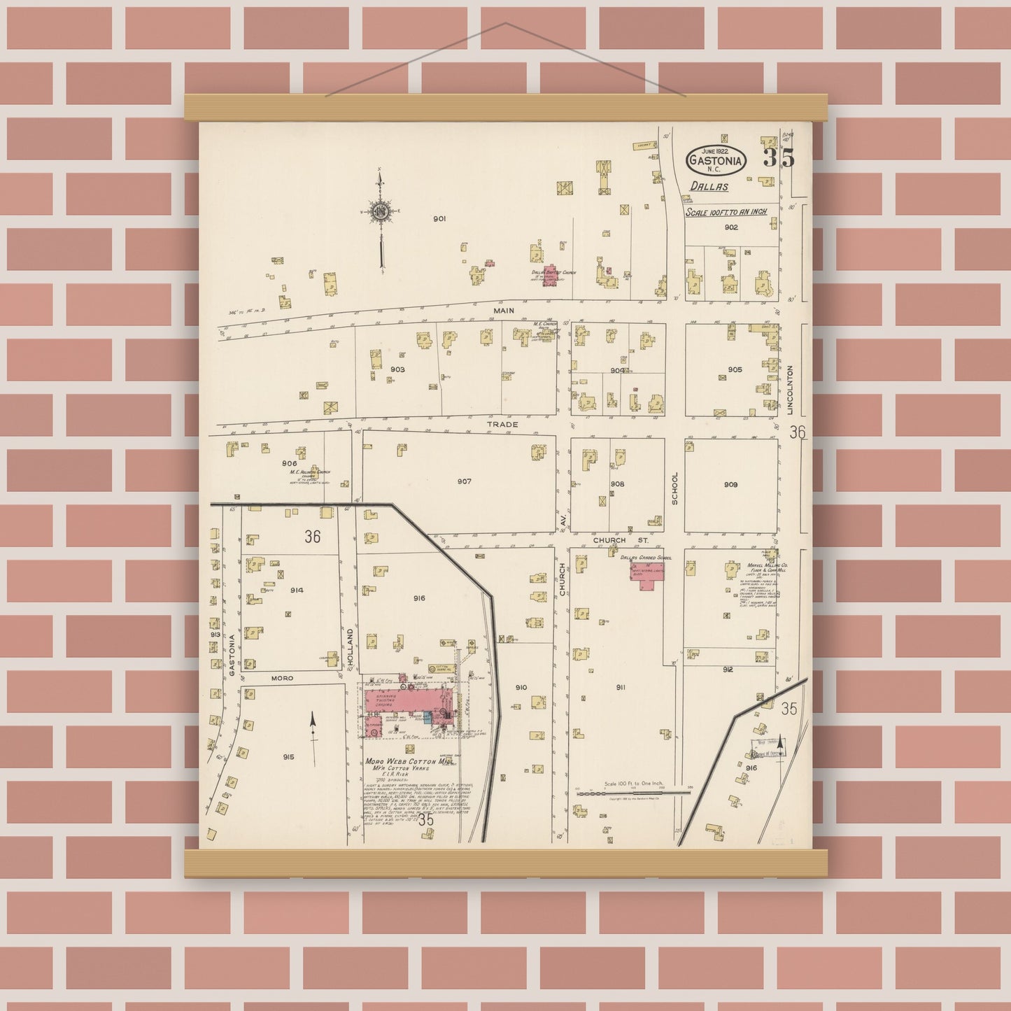 Old map wall art mockup — magnetic wood frame on brick wall — Sanborn Fire Insurance Map from Gastonia, Gaston County, North Carolina (1922), Sheet #0035