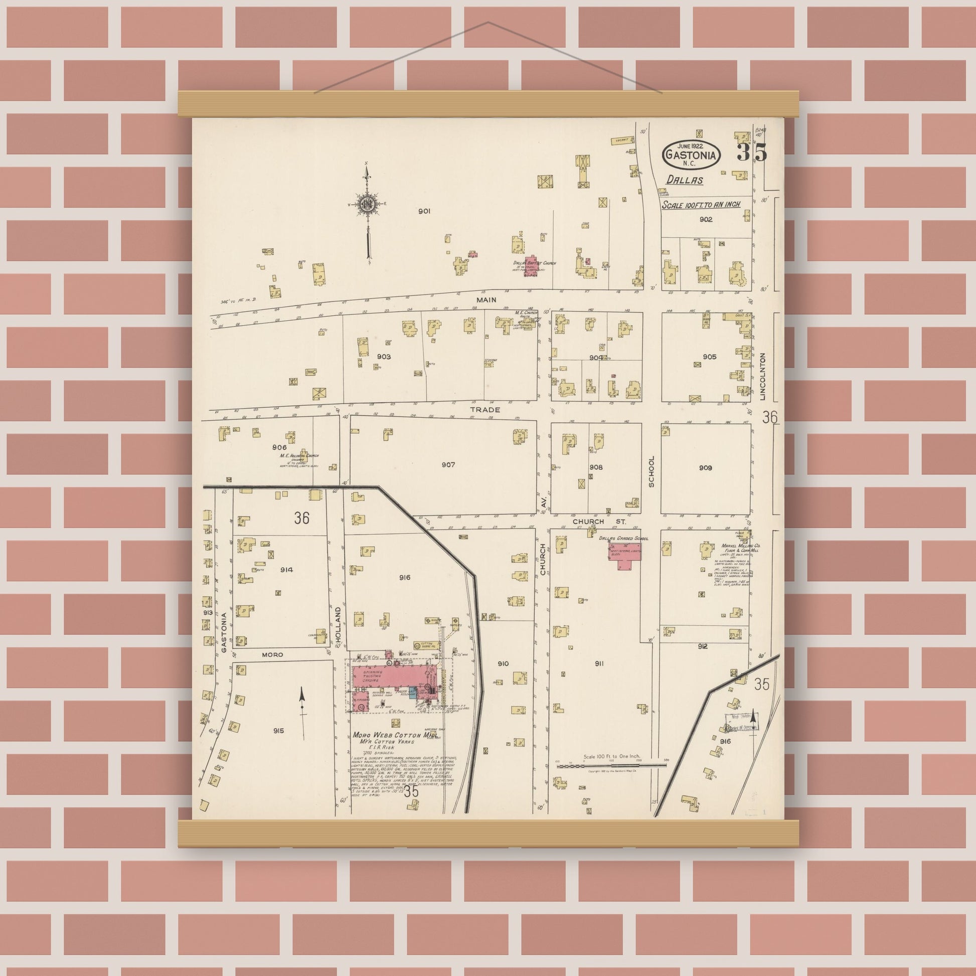 Old map wall art mockup — magnetic wood frame on brick wall — Sanborn Fire Insurance Map from Gastonia, Gaston County, North Carolina (1922), Sheet #0035