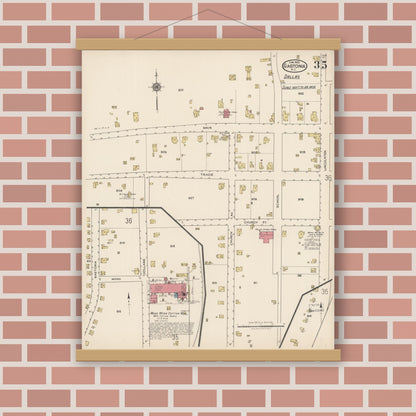 Old map wall art mockup — magnetic wood frame on brick wall — Sanborn Fire Insurance Map from Gastonia, Gaston County, North Carolina (1922), Sheet #0035