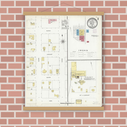 Old map wall art mockup — magnetic wood frame on brick wall — Sanborn Fire Insurance Map from Kyle, Hays County, Texas (1907) - Complete Map Set