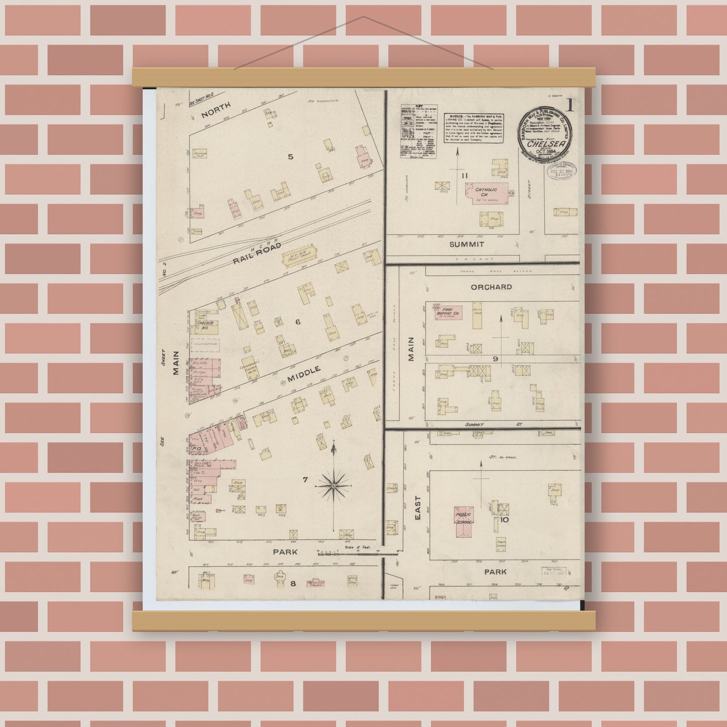 Old map wall art mockup — magnetic wood frame on brick wall — Sanborn Fire Insurance Map from Chelsea, Washtenaw County, Michigan (1884) - Complete Map Set