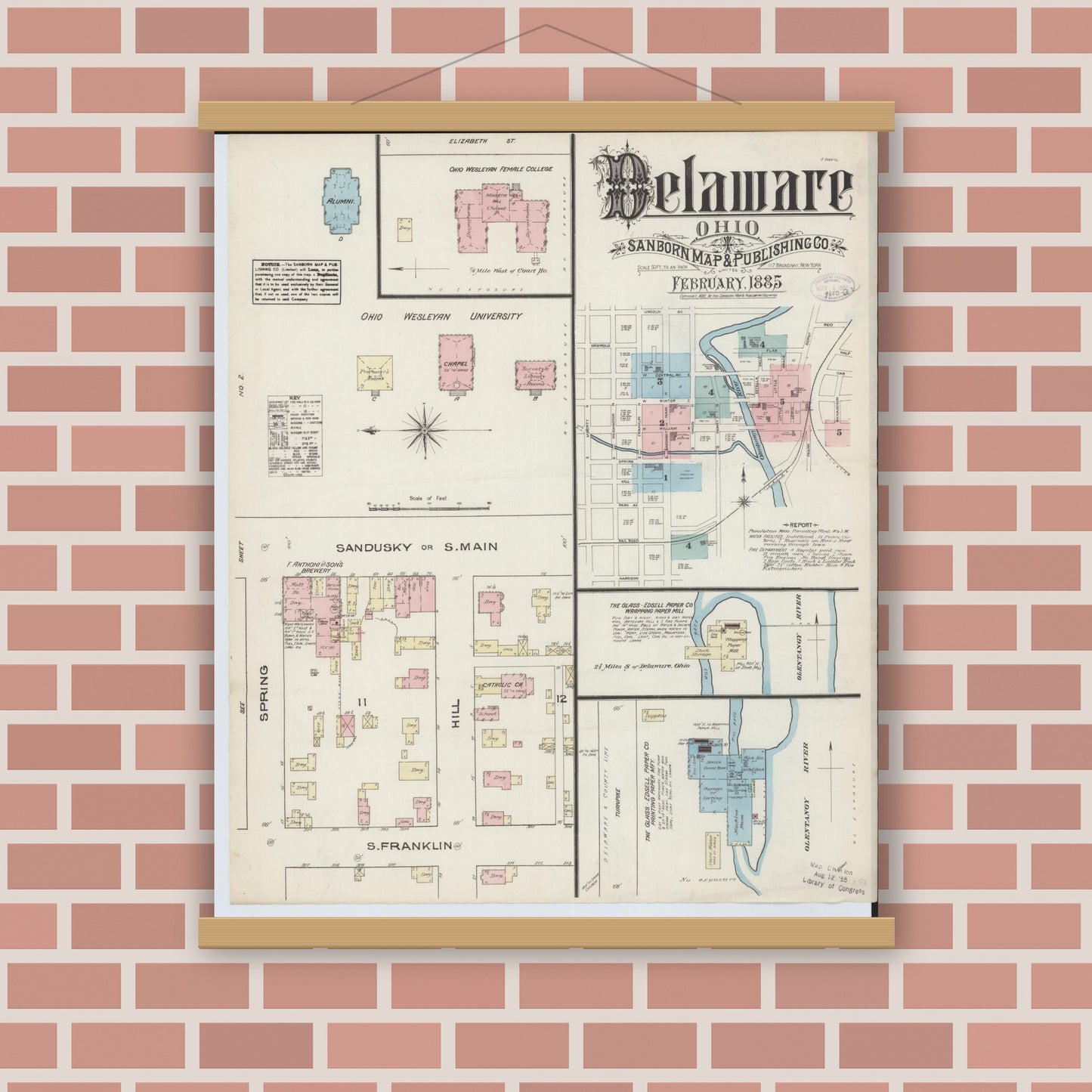 Old map wall art mockup — magnetic wood frame on brick wall — Sanborn Fire Insurance Map from Delaware, Delaware County, Ohio (1885), Sheet #0001