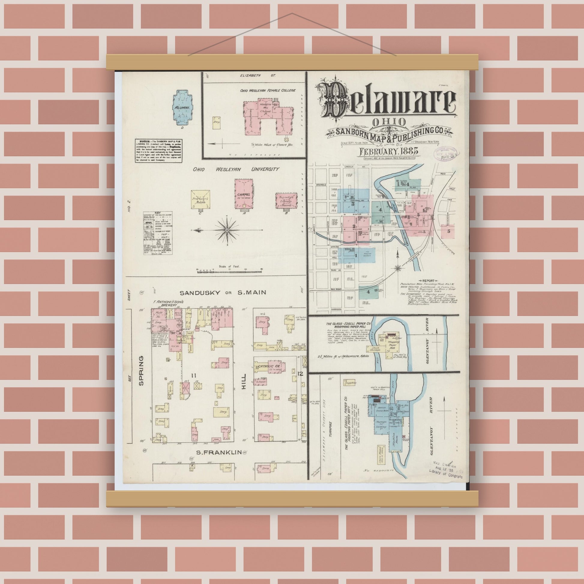 Old map wall art mockup — magnetic wood frame on brick wall — Sanborn Fire Insurance Map from Delaware, Delaware County, Ohio (1885), Sheet #0001
