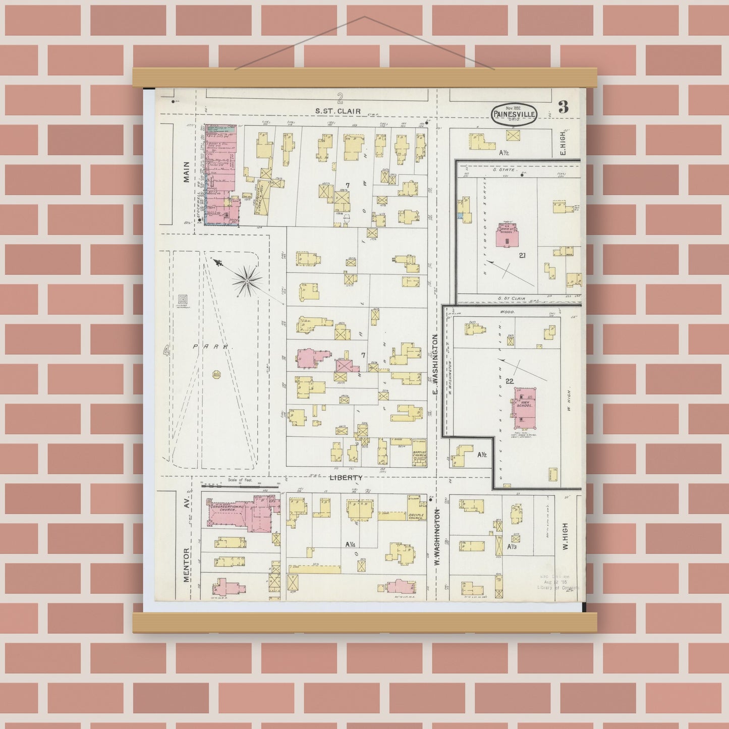 Old map wall art mockup — magnetic wood frame on brick wall — Sanborn Fire Insurance Map from Painesville, Lake County, Ohio (1892), Sheet #0003