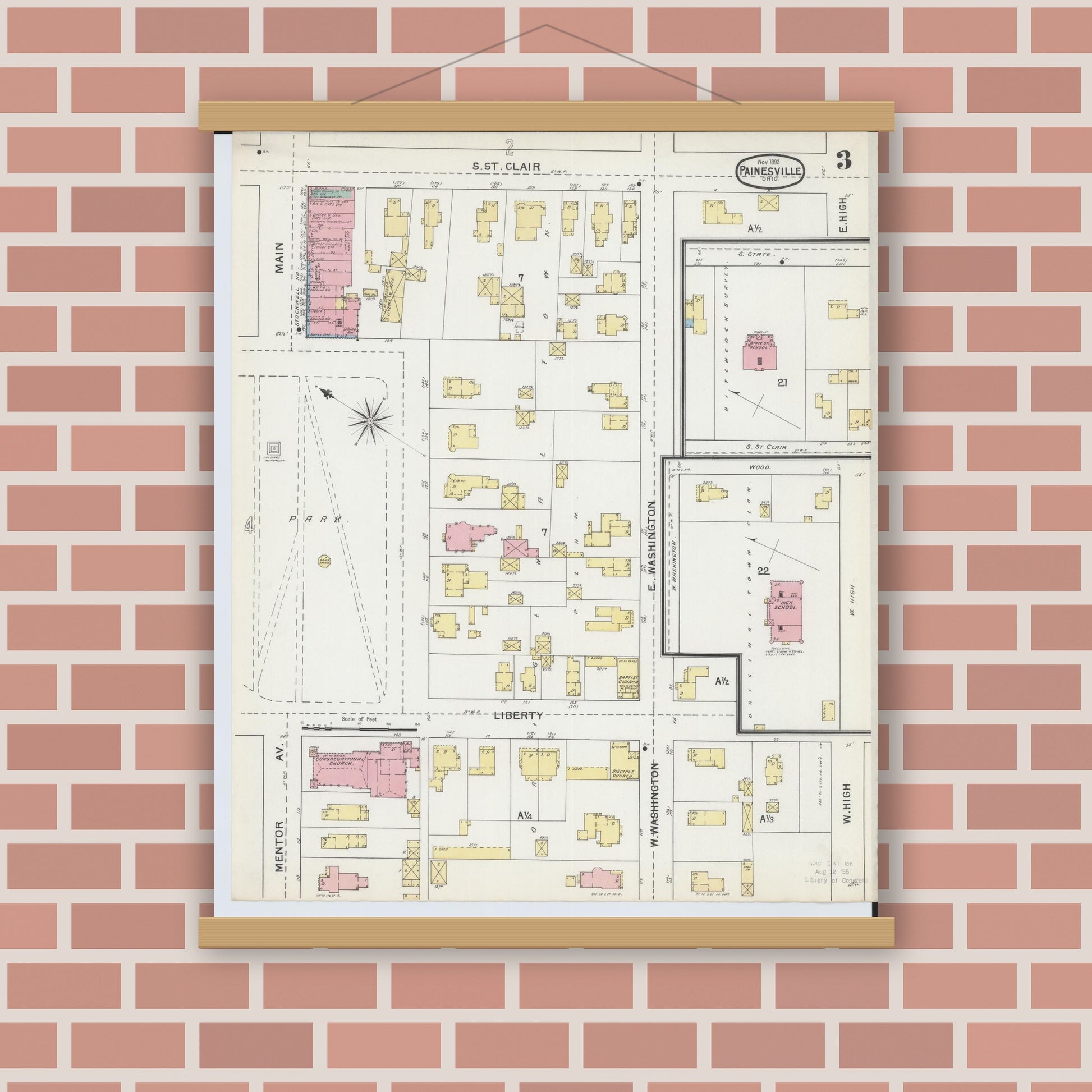 Old map wall art mockup — magnetic wood frame on brick wall — Sanborn Fire Insurance Map from Painesville, Lake County, Ohio (1892), Sheet #0003