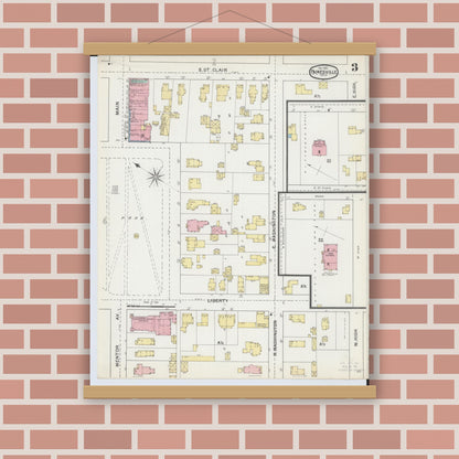 Old map wall art mockup — magnetic wood frame on brick wall — Sanborn Fire Insurance Map from Painesville, Lake County, Ohio (1892), Sheet #0003