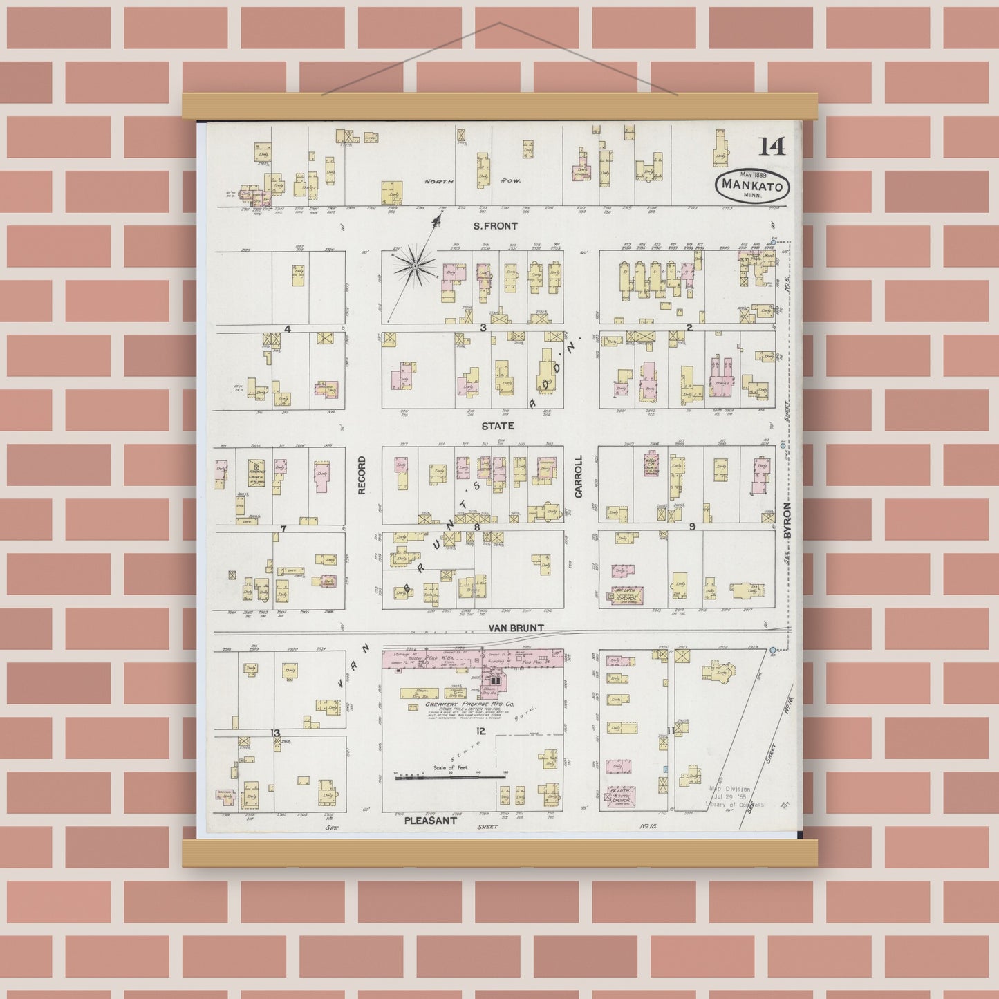Old map wall art mockup — magnetic wood frame on brick wall — Sanborn Fire Insurance Map from Mankato, Blue Earth County, Minnesota (1889), Sheet #0014