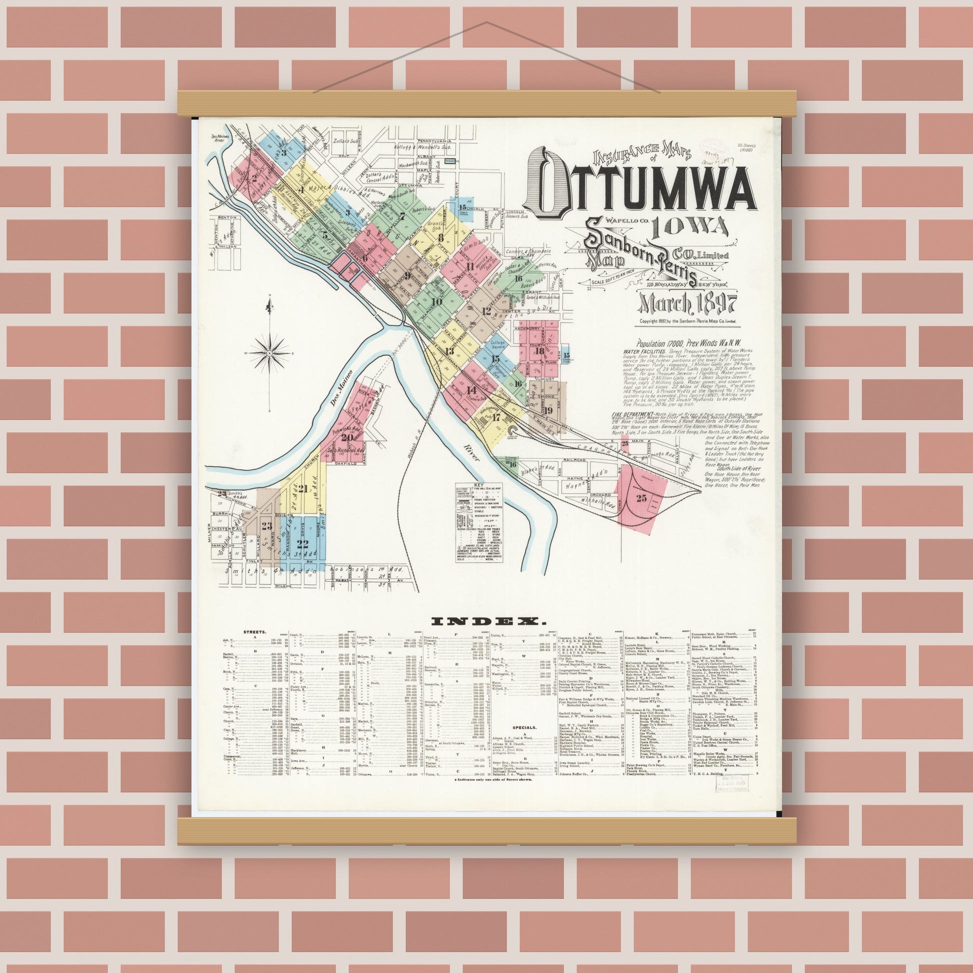 Old map wall art mockup — magnetic wood frame on brick wall — Sanborn Fire Insurance Map from Ottumwa, Wapello County, Iowa (1897), Sheet #0001
