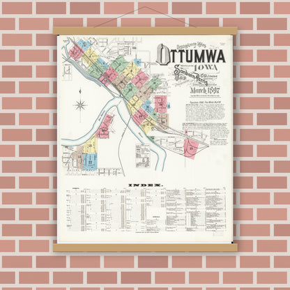 Old map wall art mockup — magnetic wood frame on brick wall — Sanborn Fire Insurance Map from Ottumwa, Wapello County, Iowa (1897), Sheet #0001
