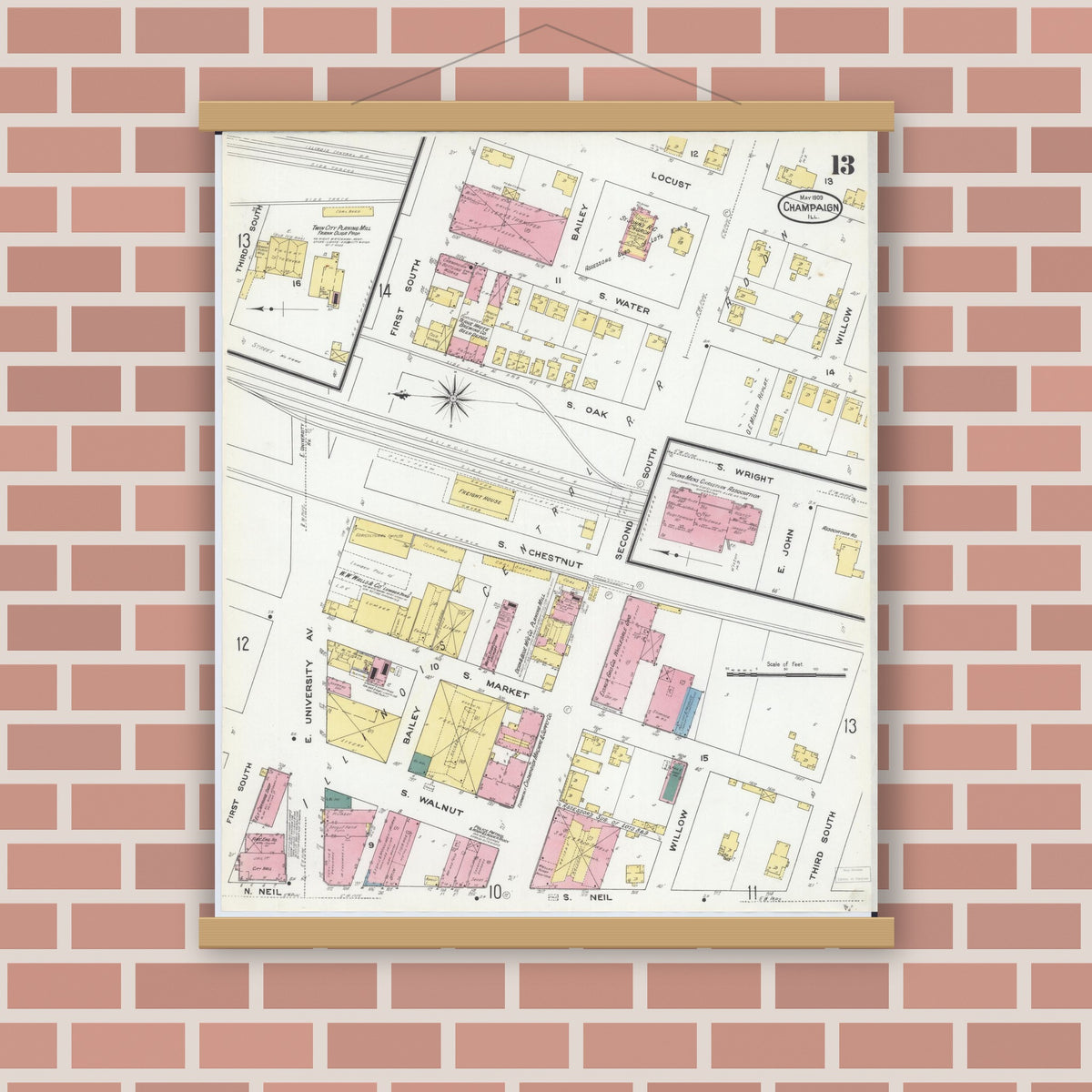 Old map wall art mockup — magnetic wood frame on brick wall — Sanborn Fire Insurance Map from Champaign, Champaign County, Illinois (1909), Sheet #0013