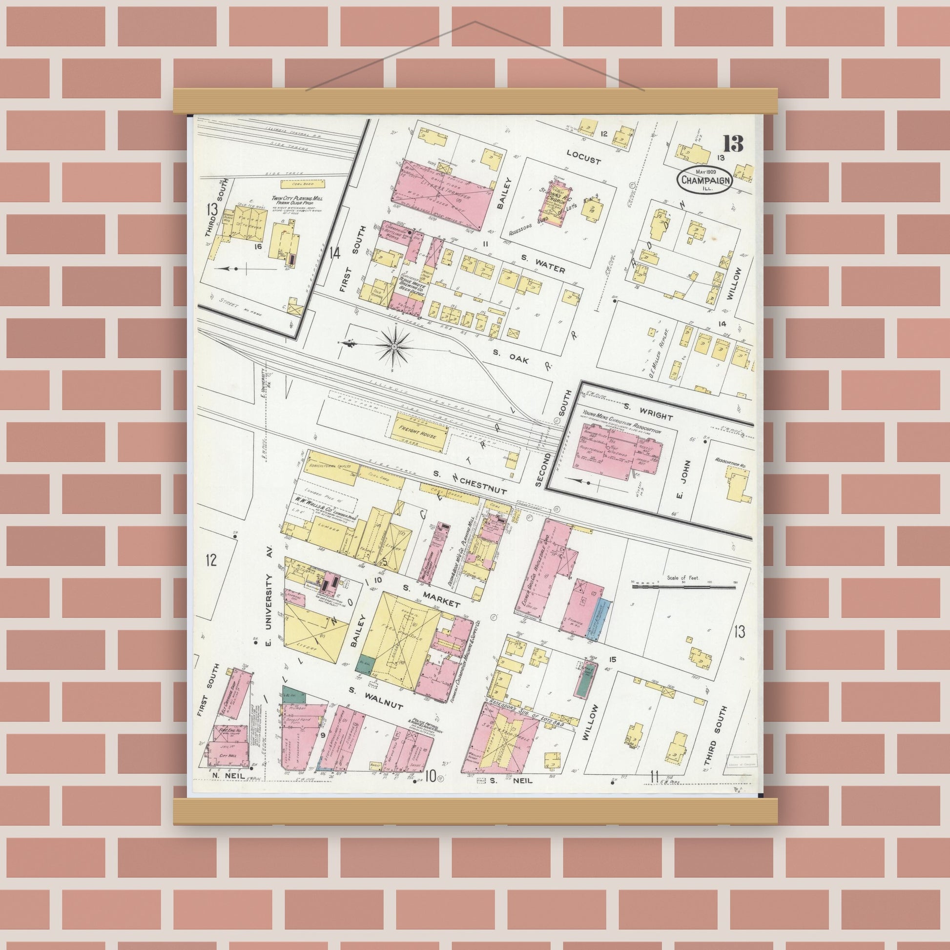 Old map wall art mockup — magnetic wood frame on brick wall — Sanborn Fire Insurance Map from Champaign, Champaign County, Illinois (1909), Sheet #0013