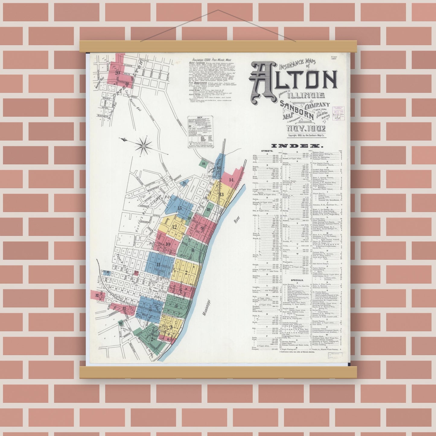 Old map wall art mockup — magnetic wood frame on brick wall — Sanborn Fire Insurance Map from Alton, Madison County, Illinois (1902), Sheet #0001
