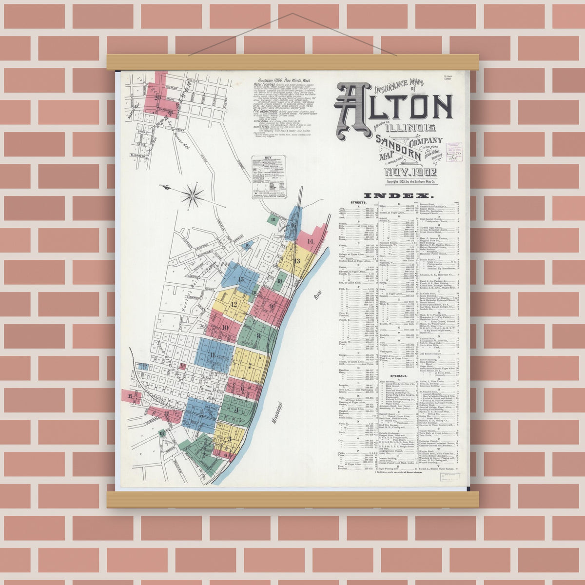 Old map wall art mockup — magnetic wood frame on brick wall — Sanborn Fire Insurance Map from Alton, Madison County, Illinois (1902), Sheet #0001
