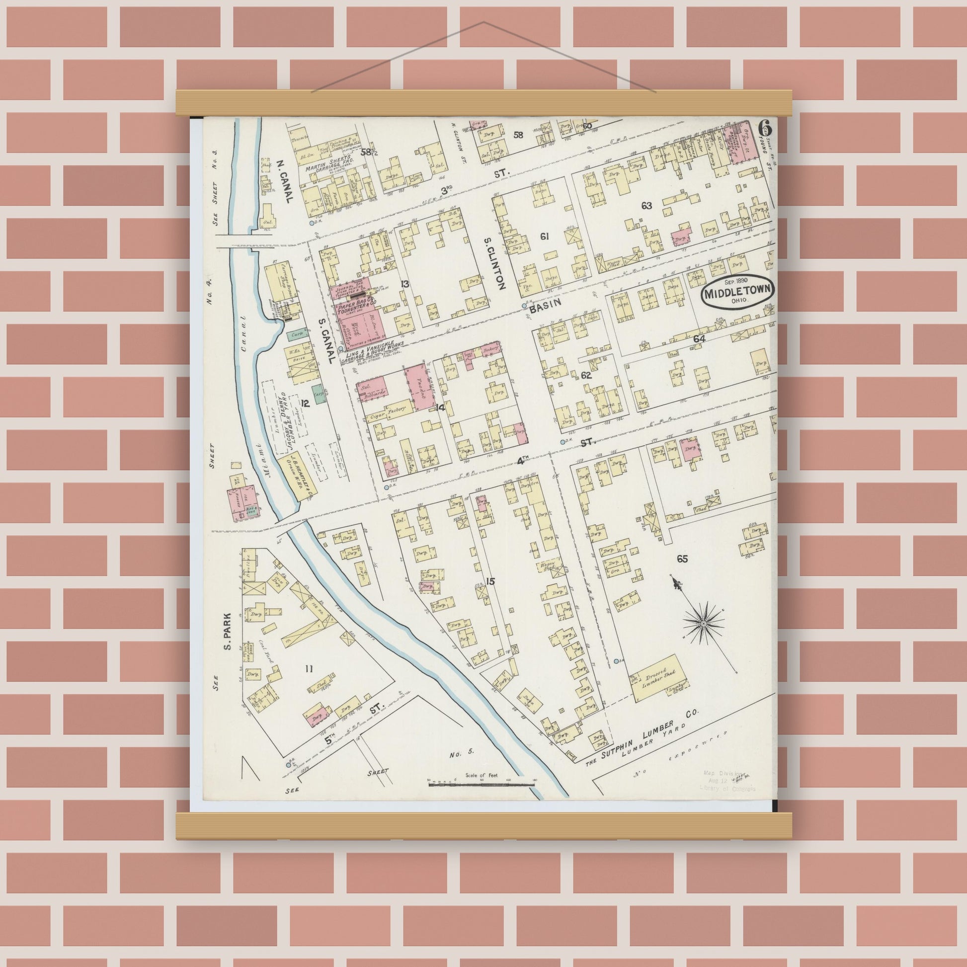Old map wall art mockup — magnetic wood frame on brick wall — Sanborn Fire Insurance Map from Middletown, Butler County, Ohio (1890), Sheet #0006