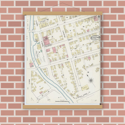 Old map wall art mockup — magnetic wood frame on brick wall — Sanborn Fire Insurance Map from Middletown, Butler County, Ohio (1890), Sheet #0006