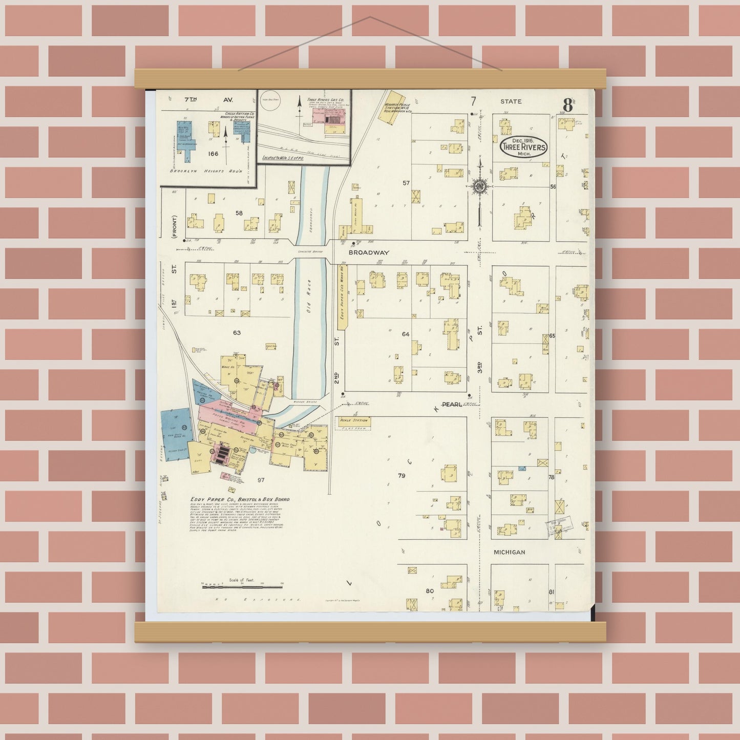 Old map wall art mockup — magnetic wood frame on brick wall — Sanborn Fire Insurance Map from Three Rivers, Saint Joseph County, Michigan (1916), Sheet #0008