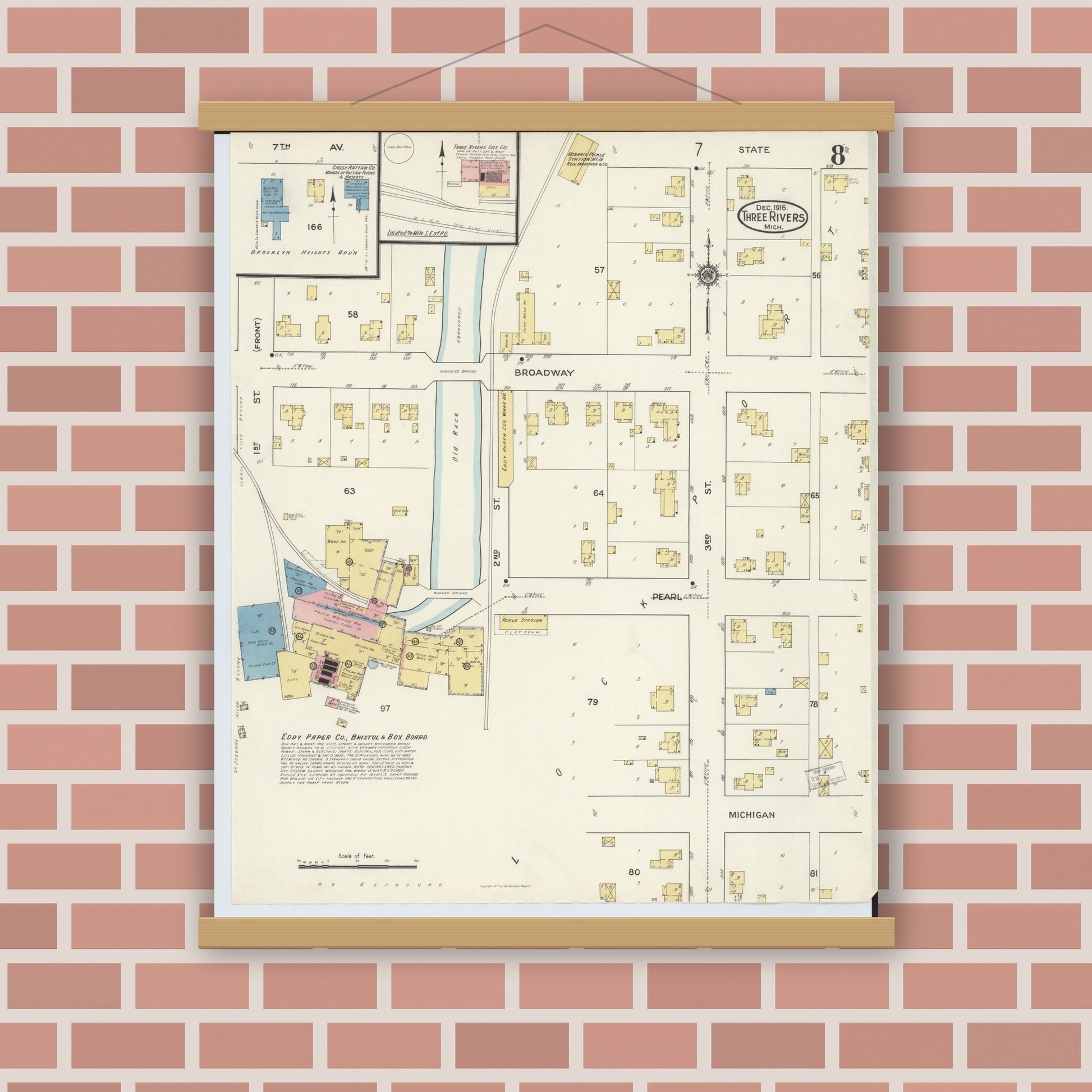 Old map wall art mockup — magnetic wood frame on brick wall — Sanborn Fire Insurance Map from Three Rivers, Saint Joseph County, Michigan (1916), Sheet #0008
