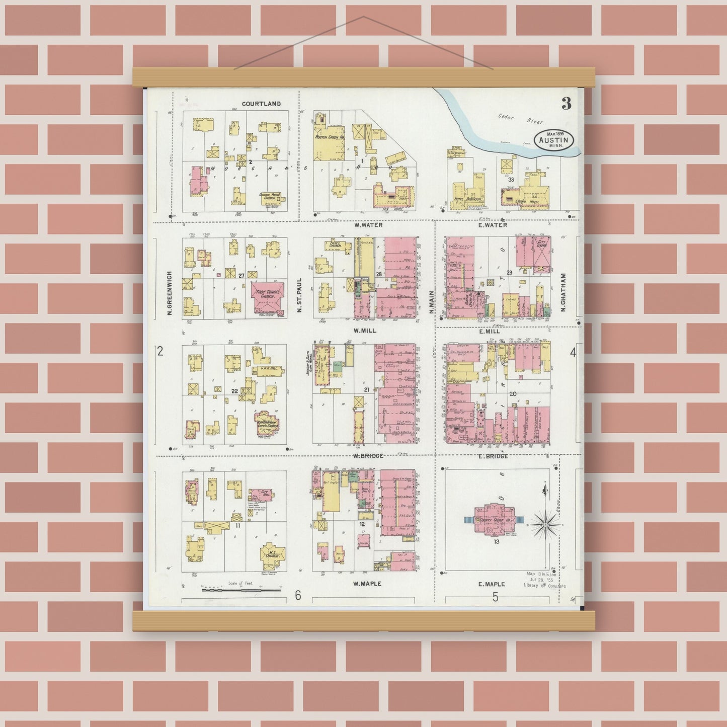 Old map wall art mockup — magnetic wood frame on brick wall — Sanborn Fire Insurance Map from Austin, Mower County, Minnesota (1899), Sheet #0003
