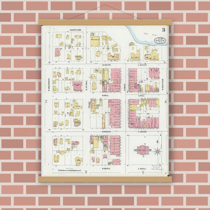 Old map wall art mockup — magnetic wood frame on brick wall — Sanborn Fire Insurance Map from Austin, Mower County, Minnesota (1899), Sheet #0003