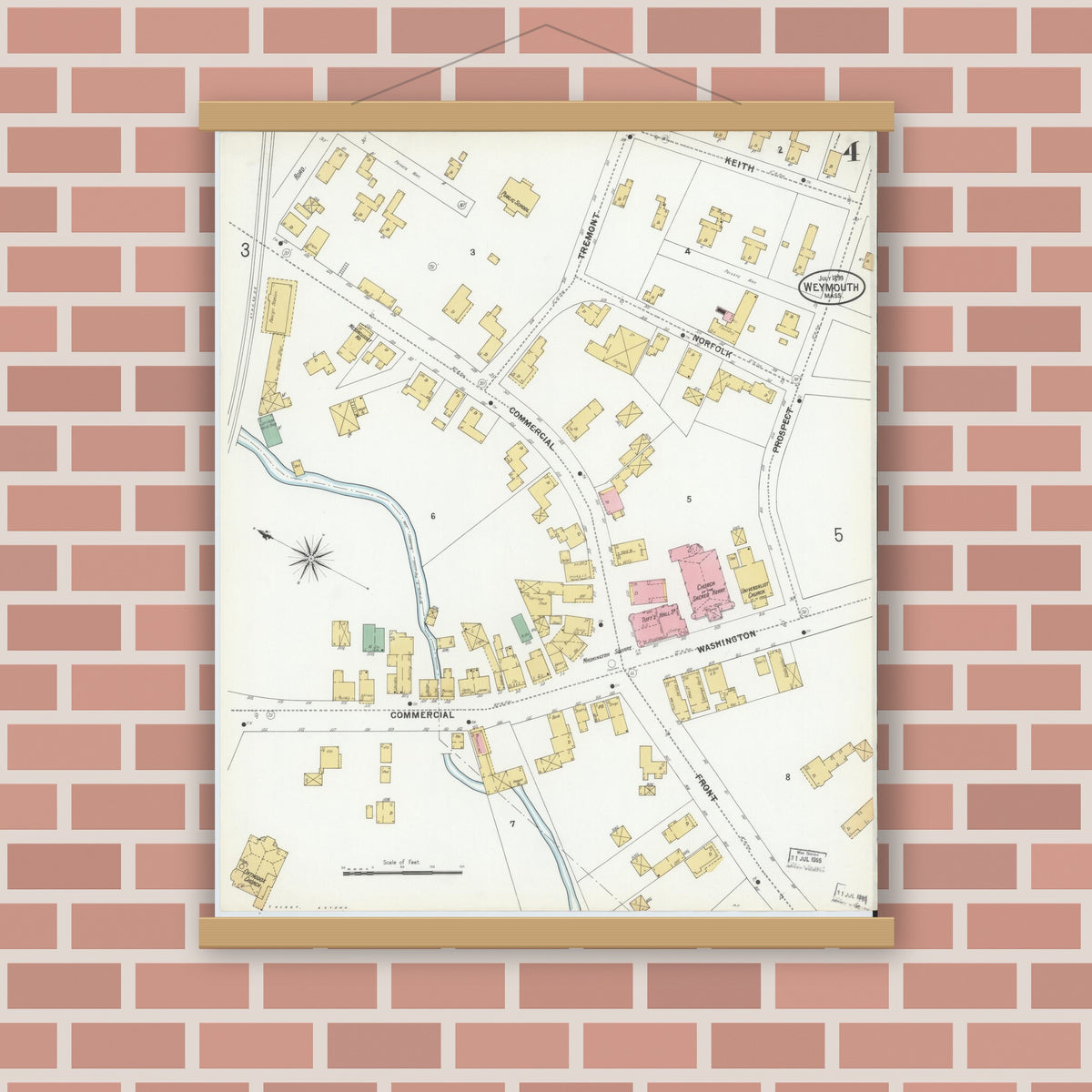 Old map wall art mockup — magnetic wood frame on brick wall — Sanborn Fire Insurance Map from Weymouth, Norfolk County, Massachusetts (1899), Sheet #0004