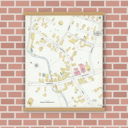 Old map wall art mockup — magnetic wood frame on brick wall — Sanborn Fire Insurance Map from Weymouth, Norfolk County, Massachusetts (1899), Sheet #0004