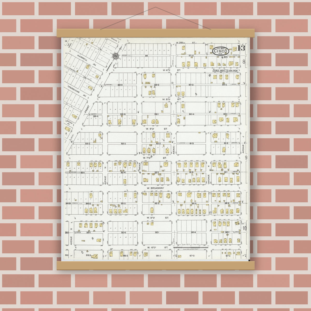 Old map wall art mockup — magnetic wood frame on brick wall — Sanborn Fire Insurance Map from Cisco, Eastland County, Texas (1920), Sheet #0013