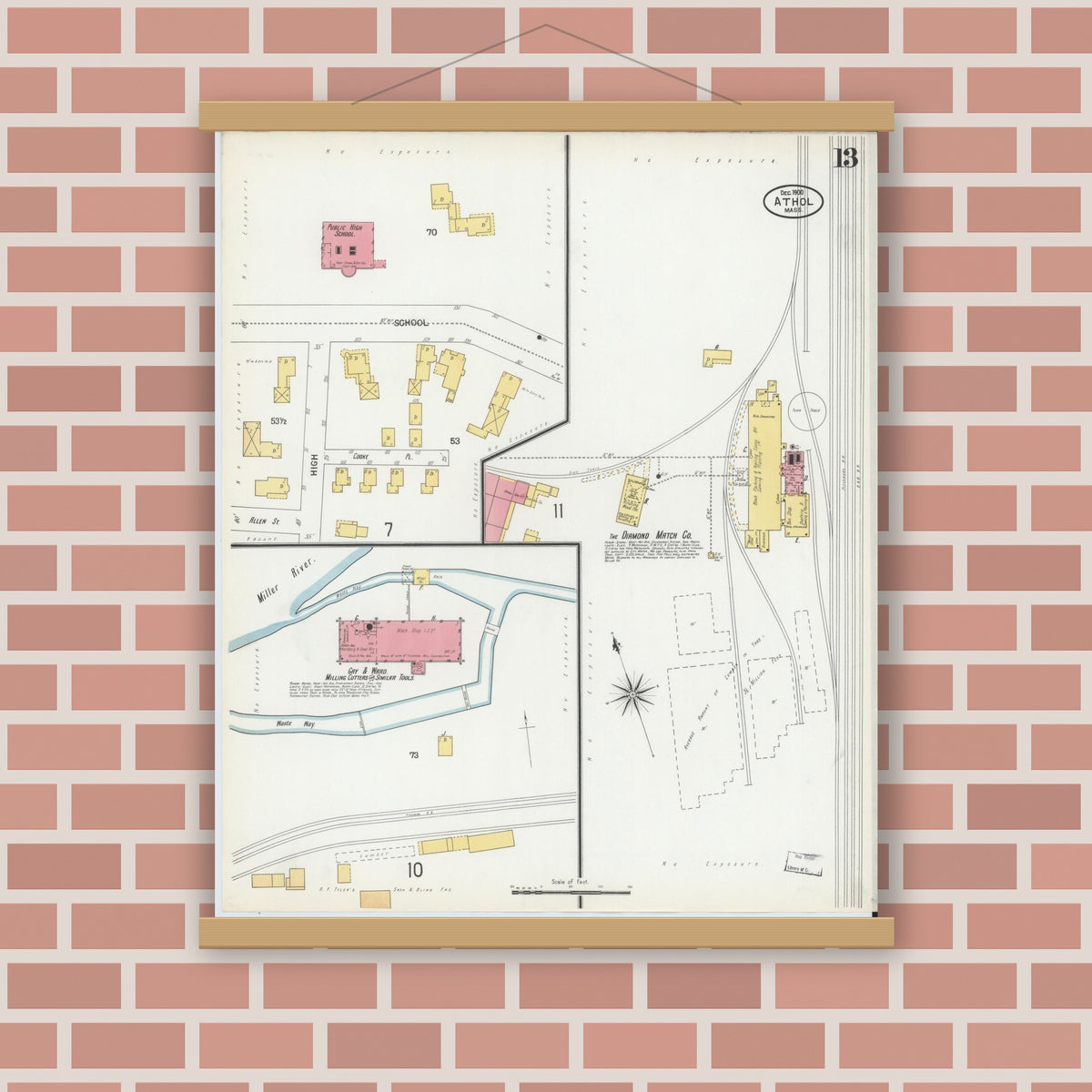 Old map wall art mockup — magnetic wood frame on brick wall — Sanborn Fire Insurance Map from Athol, Worcester County, Massachusetts (1900), Sheet #0013