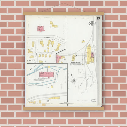 Old map wall art mockup — magnetic wood frame on brick wall — Sanborn Fire Insurance Map from Athol, Worcester County, Massachusetts (1900), Sheet #0013