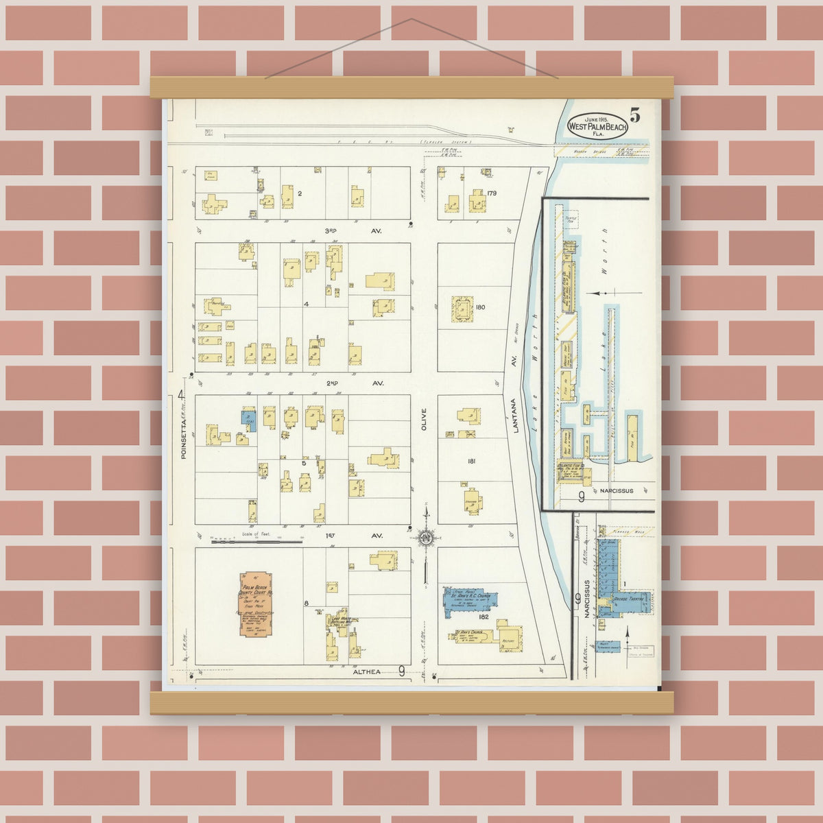 Old map wall art mockup — magnetic wood frame on brick wall — Sanborn Fire Insurance Map from West Palm Beach, Dade County, Florida (1915), Sheet #0005