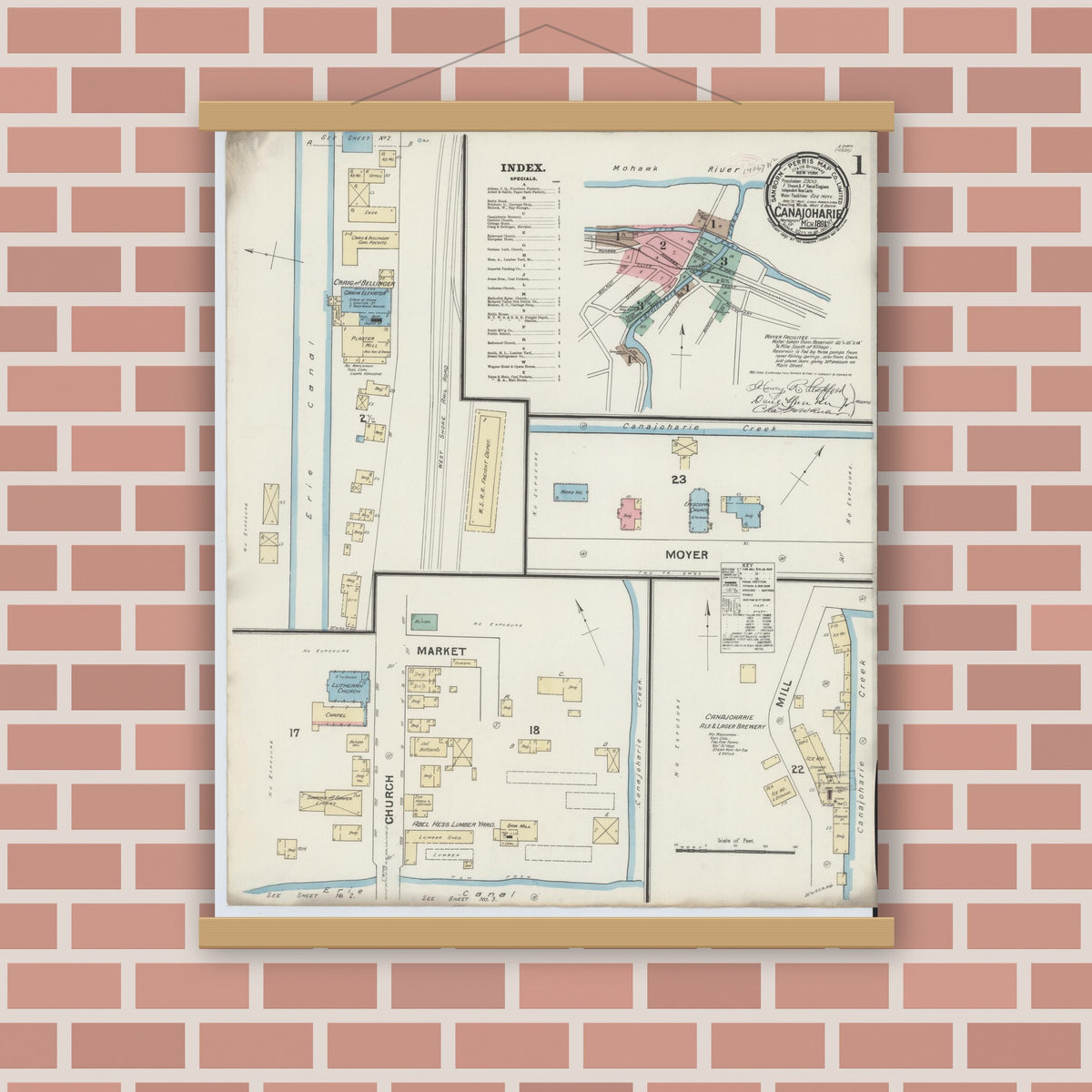 Old map wall art mockup — magnetic wood frame on brick wall — Sanborn Fire Insurance Map from Canajoharie, Montgomery County, New York (1891) - Complete Map Set