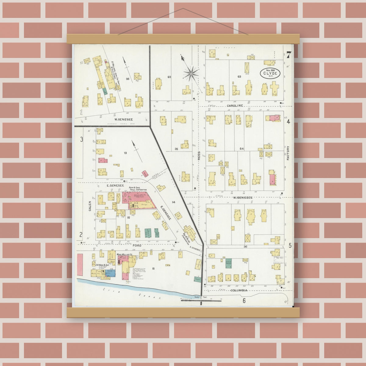 Old map wall art mockup — magnetic wood frame on brick wall — Sanborn Fire Insurance Map from Clyde, Wayne County, New York (1906), Sheet #0007