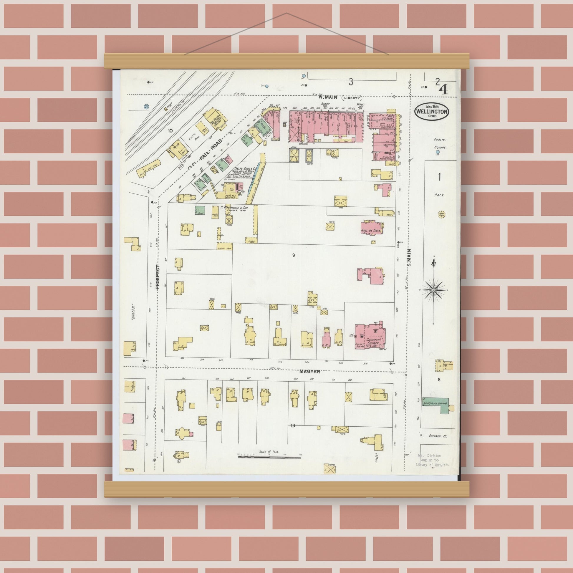 Old map wall art mockup — magnetic wood frame on brick wall — Sanborn Fire Insurance Map from Wellington, Lorain County, Ohio (1899), Sheet #0004