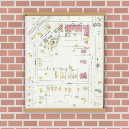 Old map wall art mockup — magnetic wood frame on brick wall — Sanborn Fire Insurance Map from Wellington, Lorain County, Ohio (1899), Sheet #0004