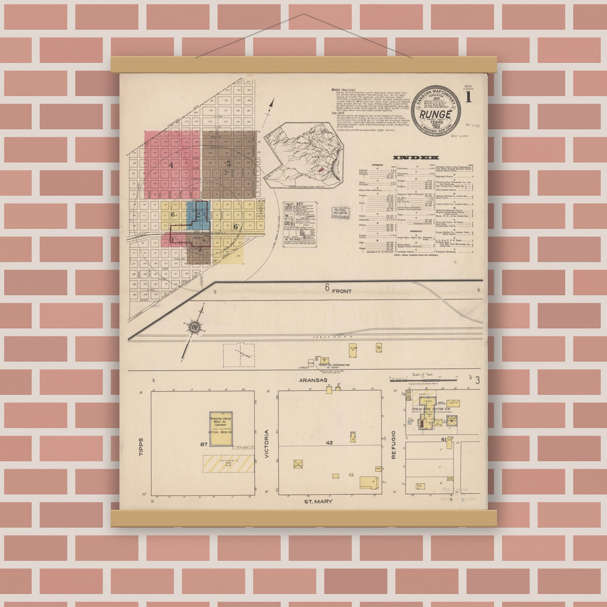 Old map wall art mockup — magnetic wood frame on brick wall — Sanborn Fire Insurance Map from Runge, Karnes County, Texas (1922), Sheet #0001