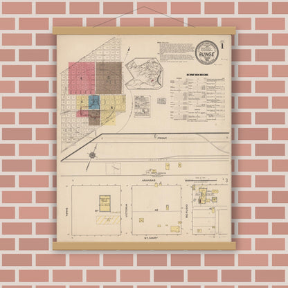 Old map wall art mockup — magnetic wood frame on brick wall — Sanborn Fire Insurance Map from Runge, Karnes County, Texas (1922), Sheet #0001
